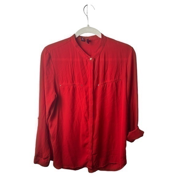 Mango Tops - Mango Shirt Womens M Button Up Roll Tab Sleeve Red Gold Accents Light Office